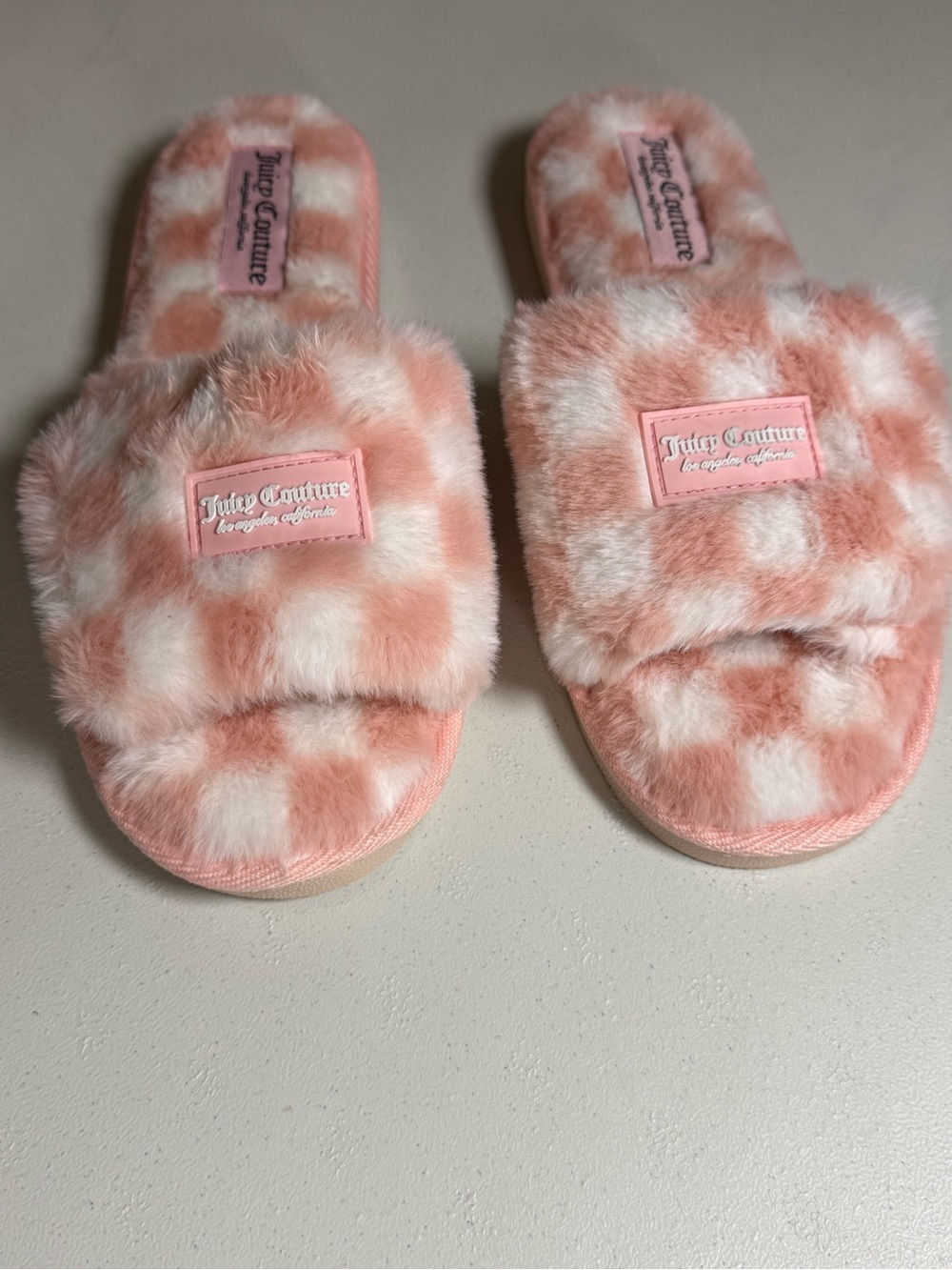 Juicy Couture Pink White Faux Fur Slide Slippers Women’s Size L 8/9 Plush